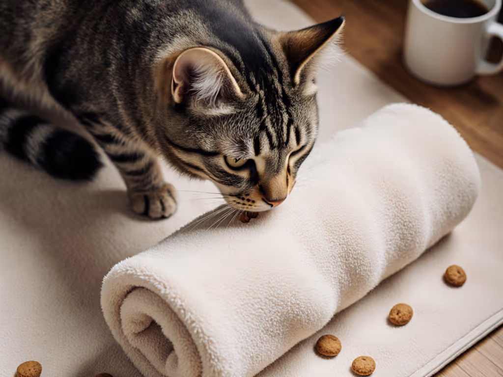 cat_sniffing_treats_in_rolled_towel_snuffle_mat